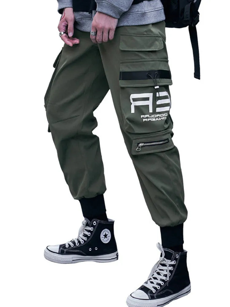 Men's 100% polyester cargo trousers in Army Green with side pockets and drawstring waist