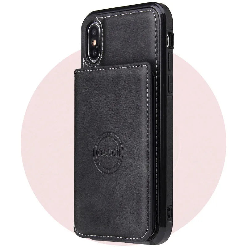 Imitation leather card wallet phone case for iPhone in solid colours like black and blue, showing card slot.