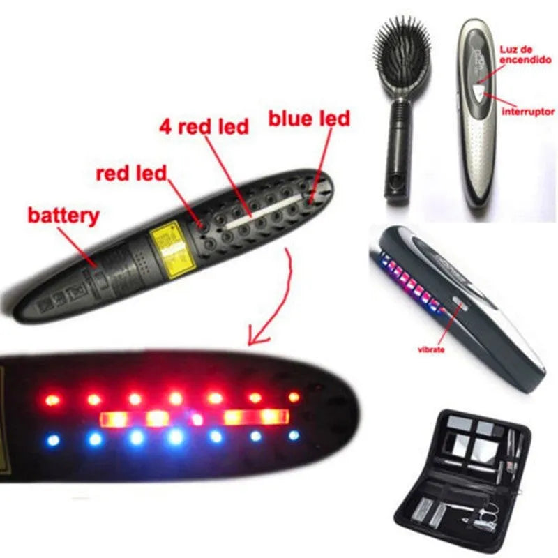 Black laser hair loss therapy comb with red and blue LED lights and massage attachment, 24cm length