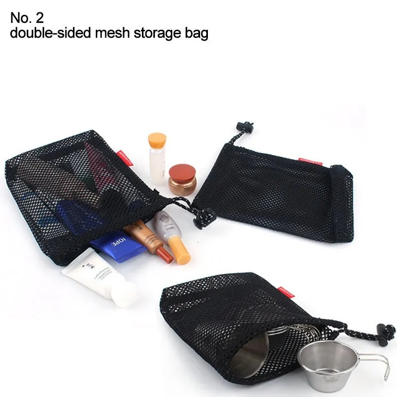 Set of five red Oxford cloth travel storage bags with zippers and mesh panels