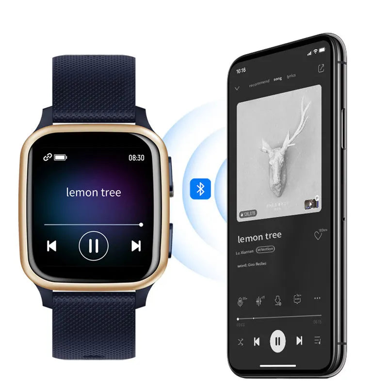Smart watch with aluminium alloy case showing Bluetooth calling and heart rate monitoring on its display.