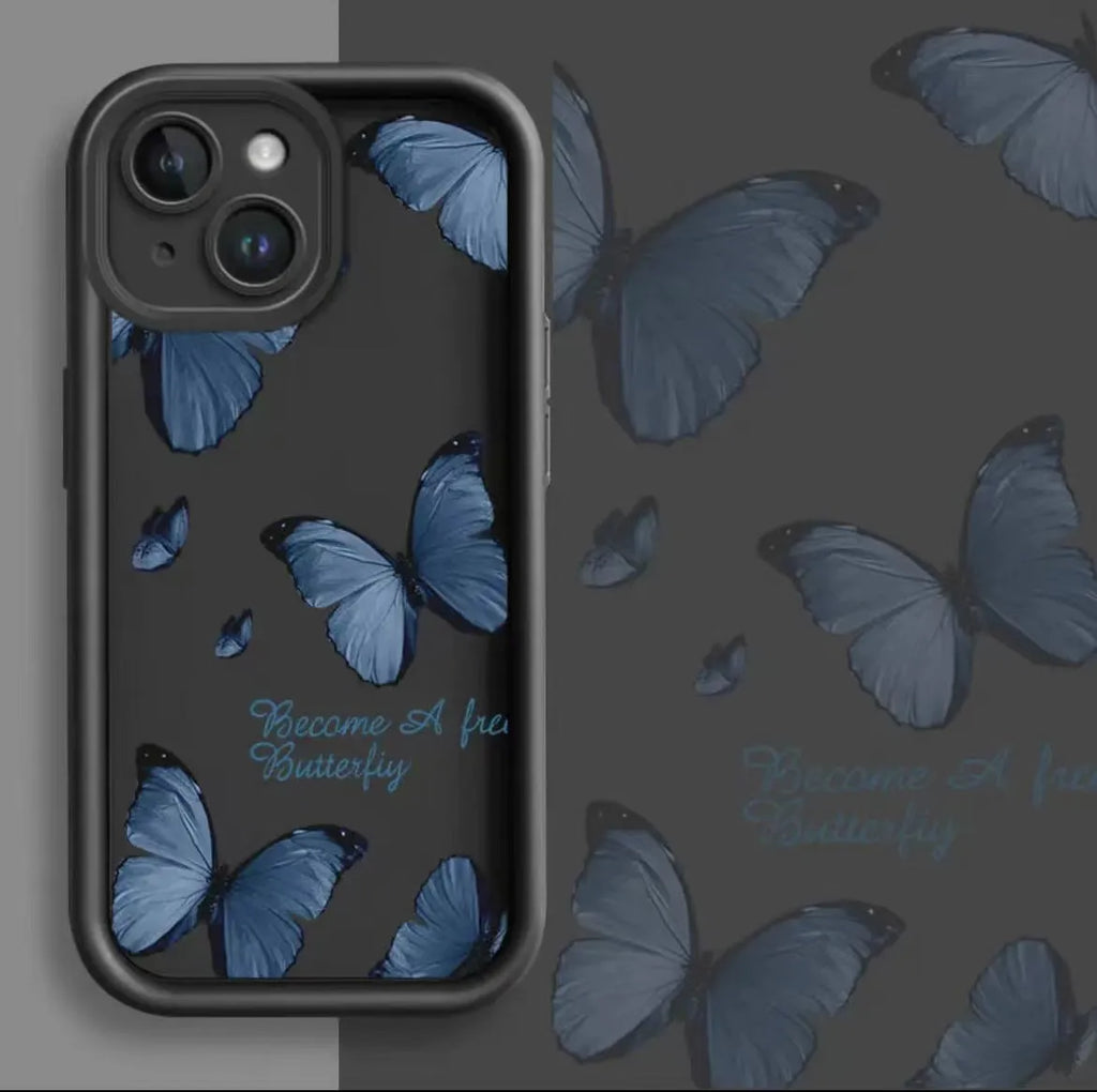 Blue butterfly printed edging drop-resistant TPU phone case for iPhone in black
