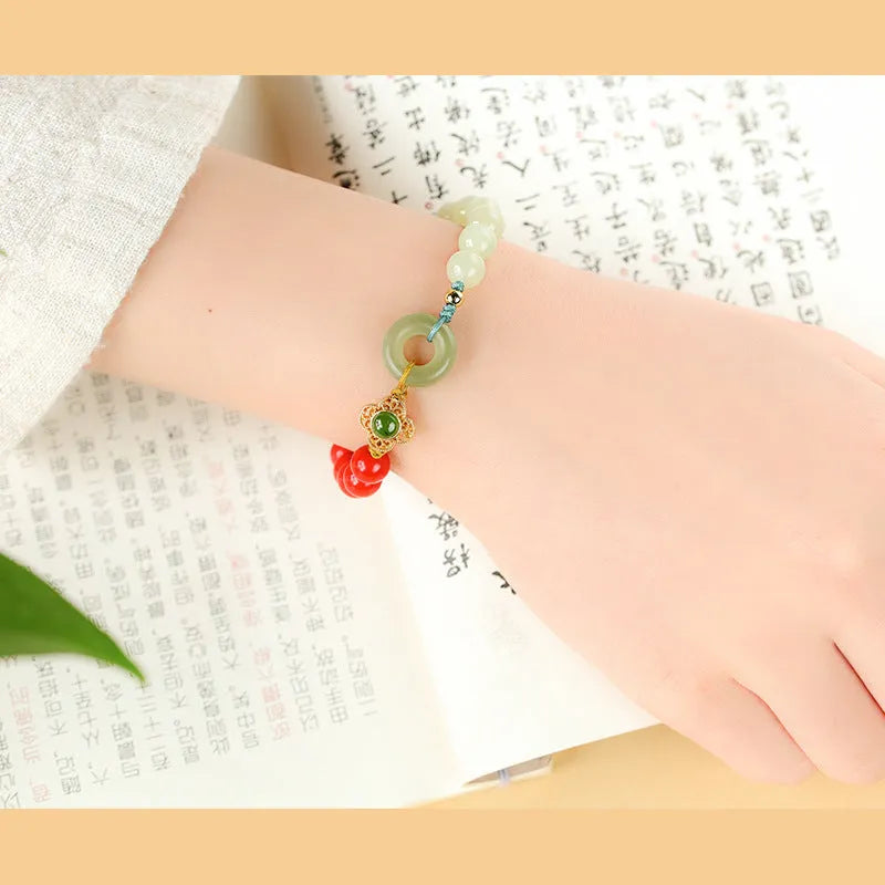 Cinnabar Hetian jade safety buckle bracelet with 8mm flower-shaped beads in retro ethnic style
