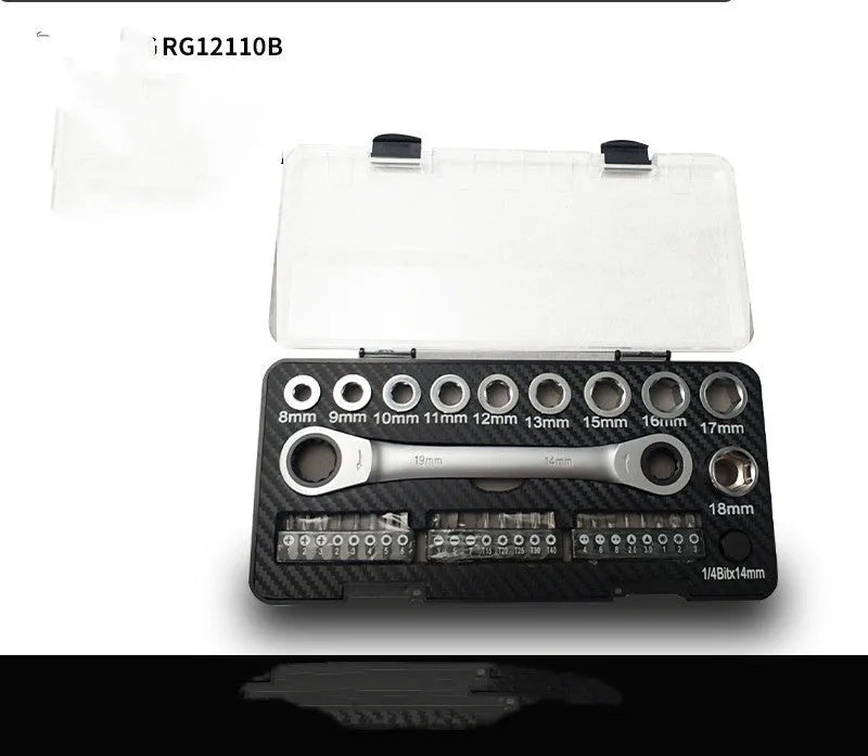 Ratchet wrench set with sockets and bit heads on grey background