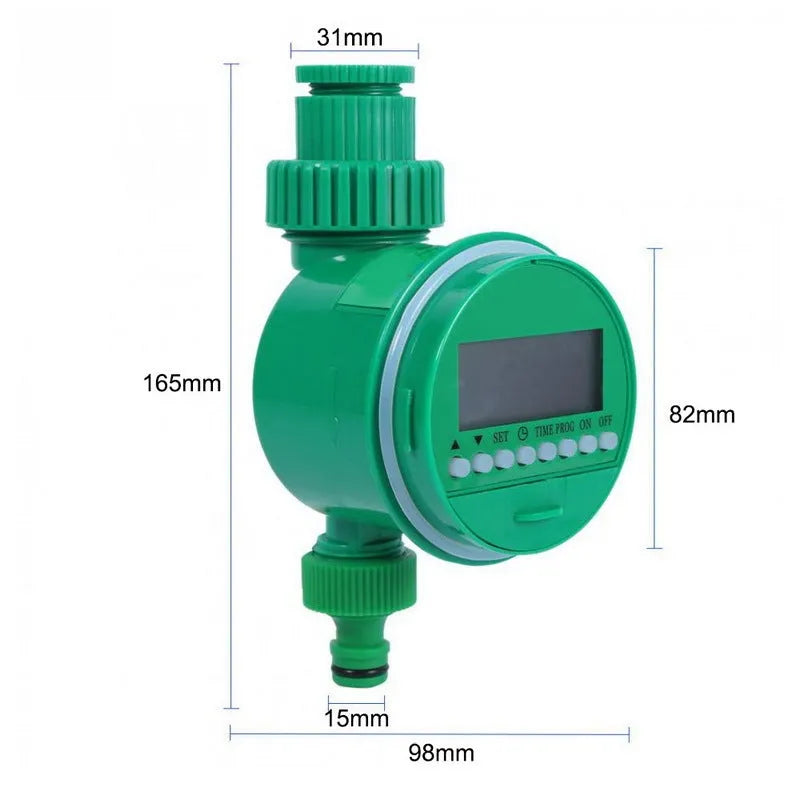 Green plastic automatic watering timer with digital display for garden hose connection.