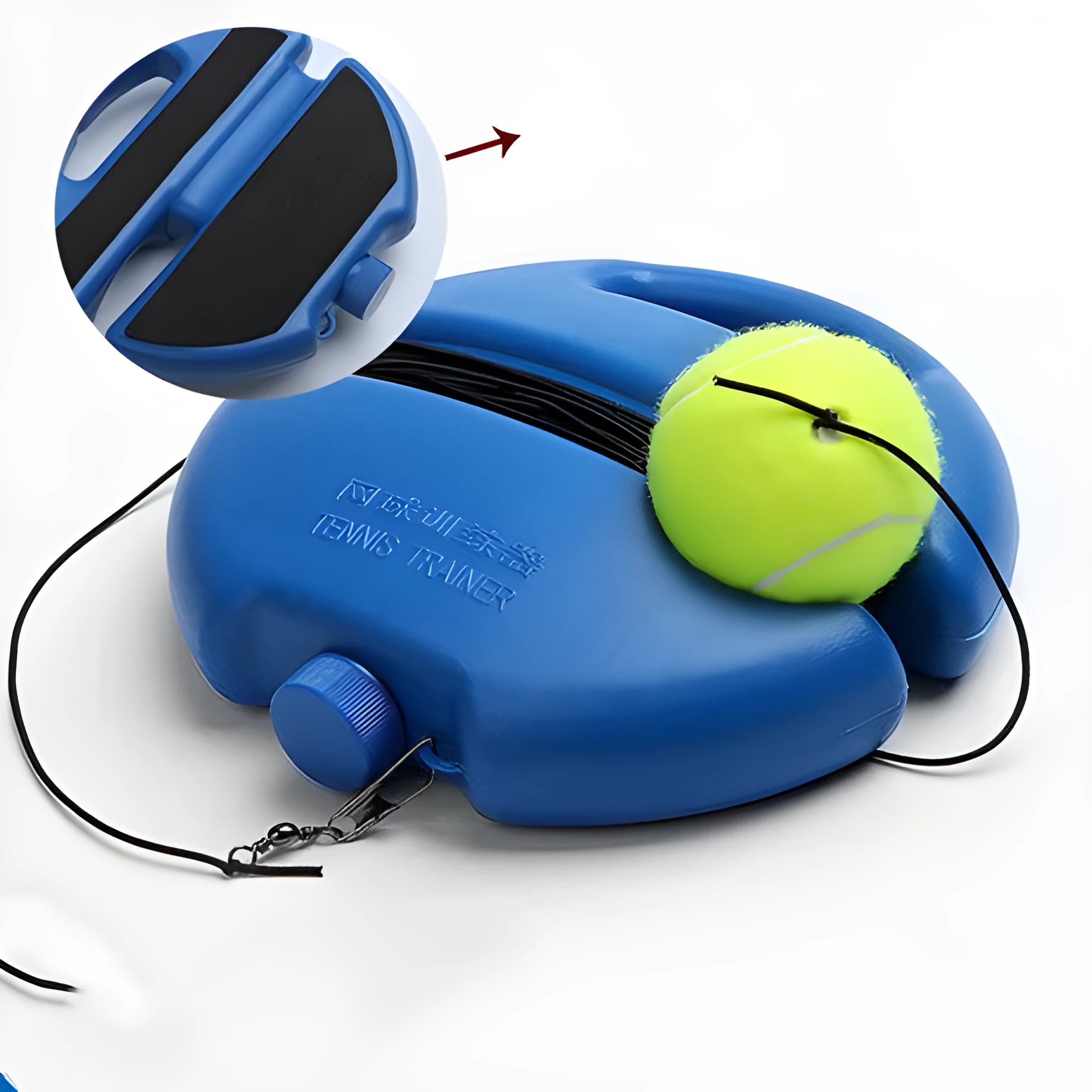 Tennis rebound training device with rope and blue base for solo practice