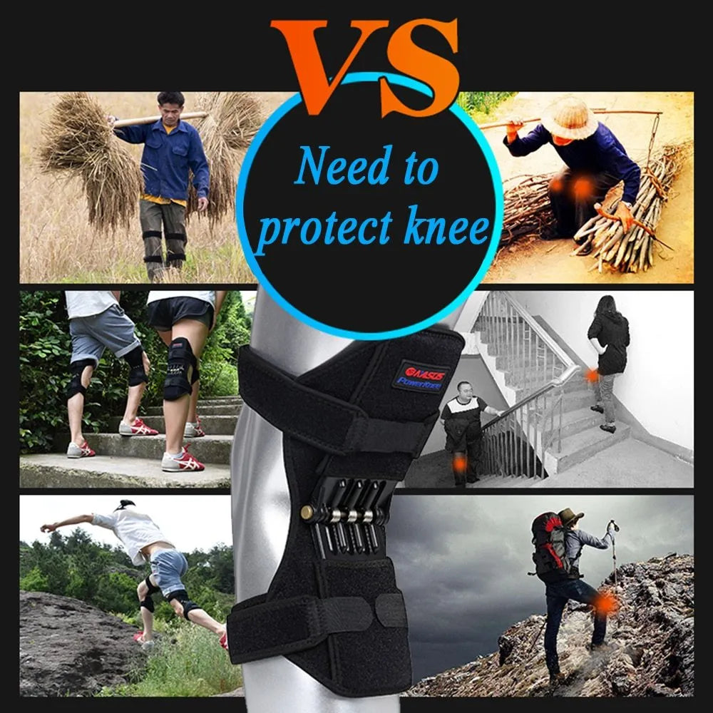 Adjustable spring knee brace support for mountaineering and sports, shown in black with breathable fabric.