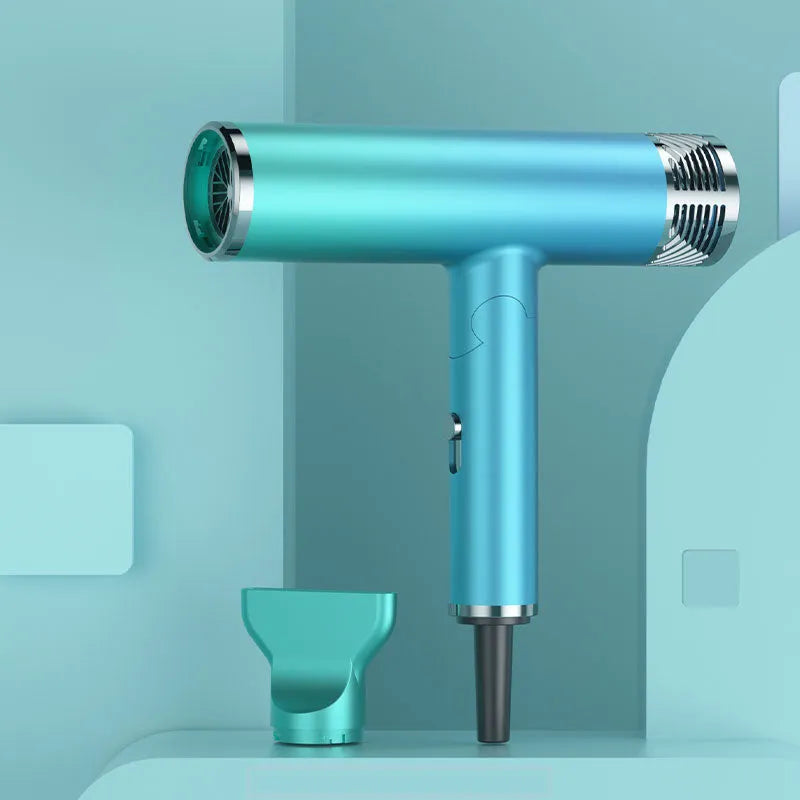 Foldable 1300W negative ion hair dryer in green or purple, 25 x 11.5 x 7 cm, with folding handle and US plug.