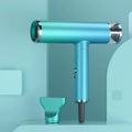 Foldable 1300W negative ion hair dryer in green or purple, 25 x 11.5 x 7 cm, with folding handle and US plug.