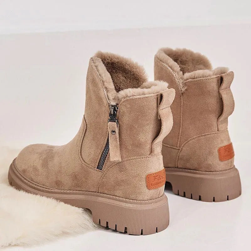 Women's black thick plush high-top snow boots with a side zipper and rubber sole