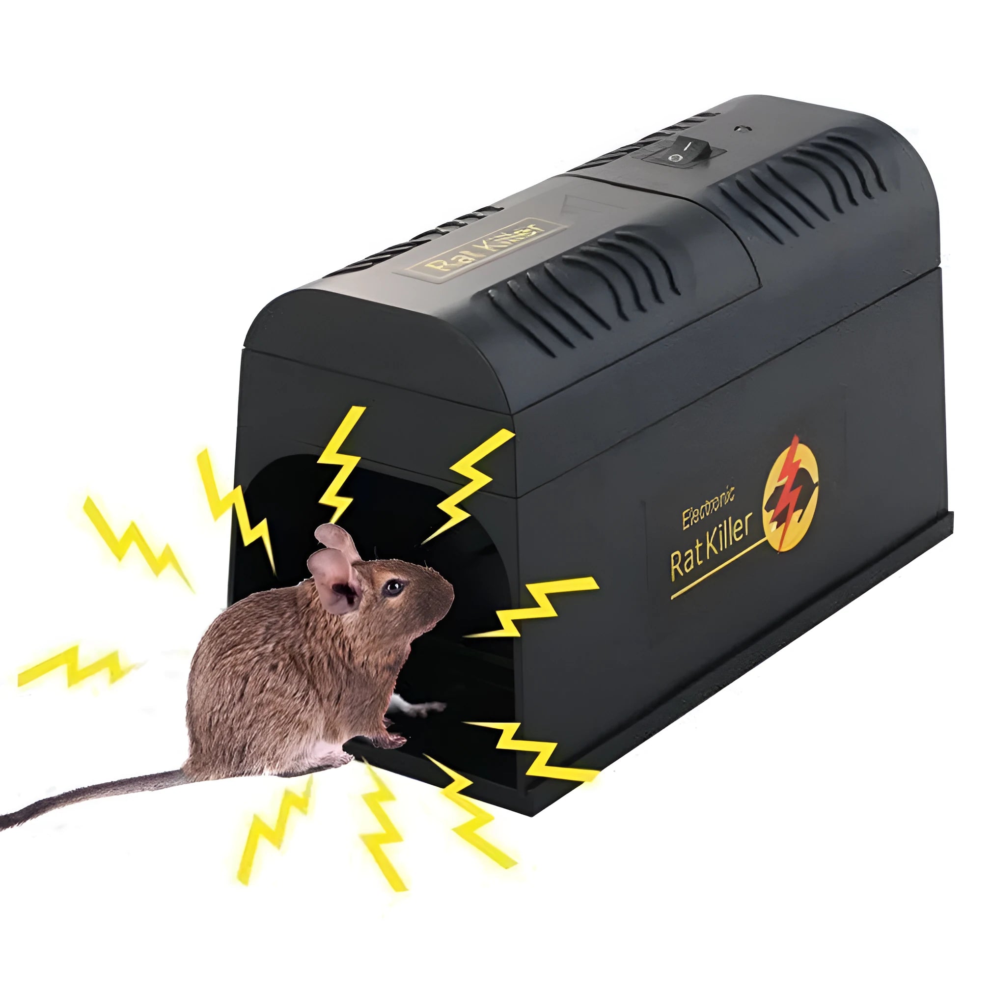 Black high voltage rodent killer device with multiple plug options showing 208mm length