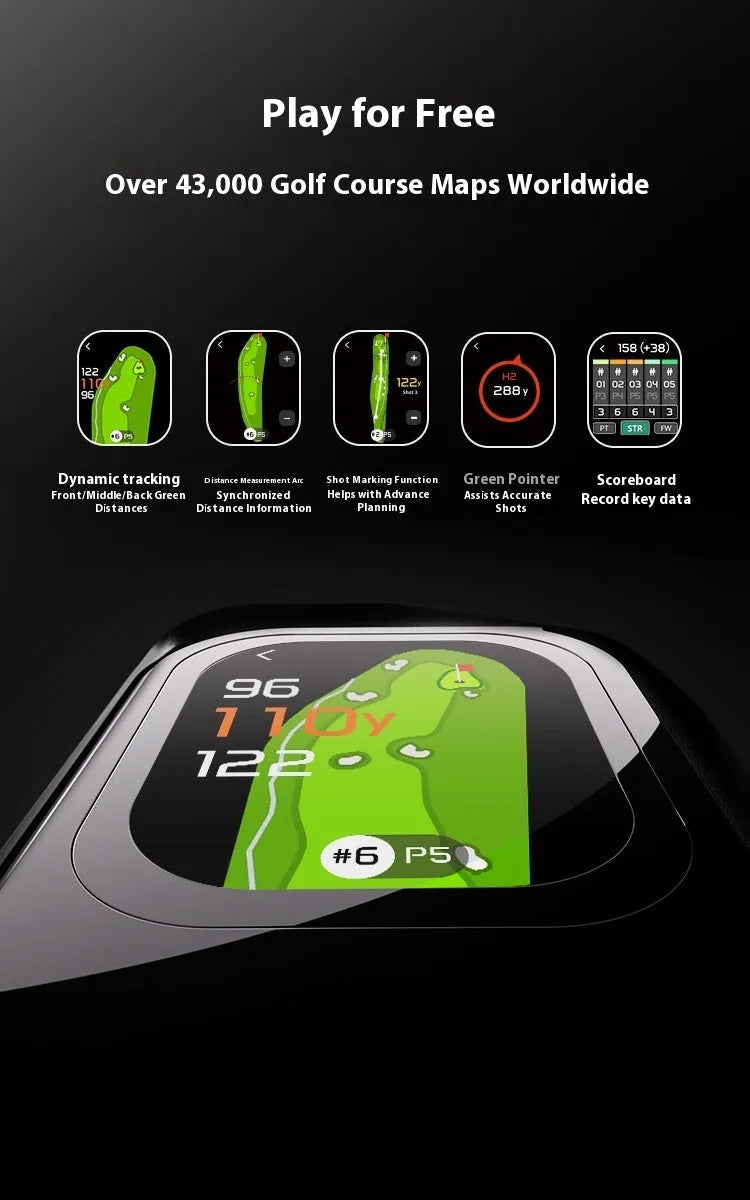 Black GenePro G1 GPS rangefinder handheld device with display screen, shown with USB-C cable and storage case.