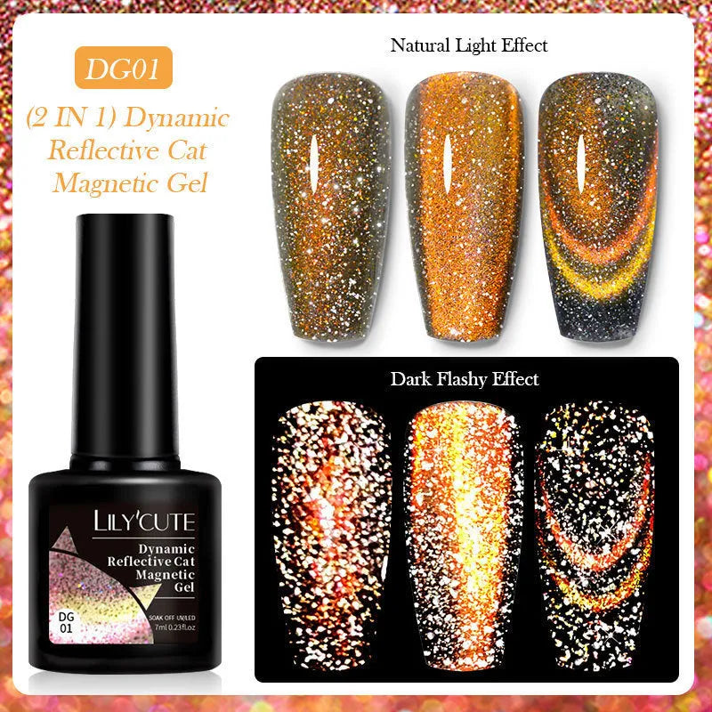 Bottle of Diamond In The Debris Cat Eye Series Nail Polish Gel showing glitter and diamond fragments, with six colour options displayed.
