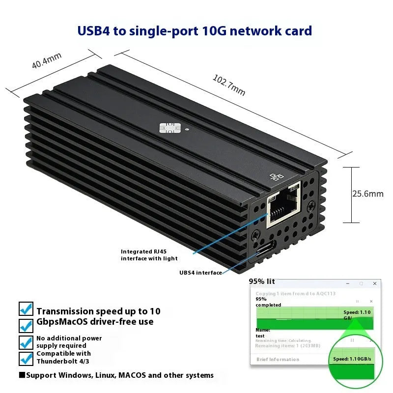 Black Leyu USB4 to RJ45 10 Gigabit network adapter with 20cm cable