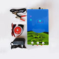 Pasture electric fence control host unit with alarm display and solar panel for livestock containment.