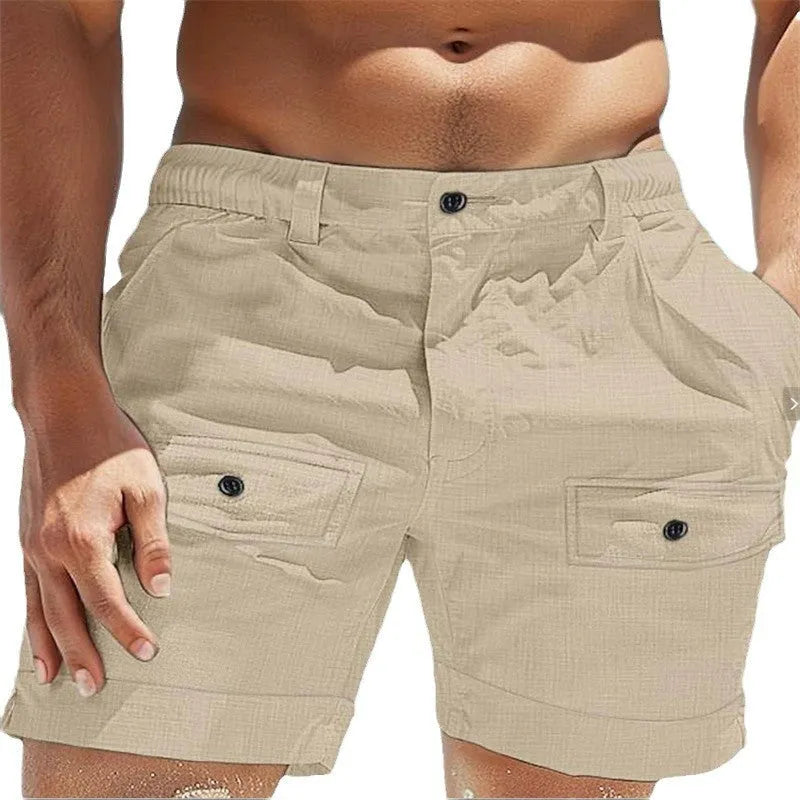 Men's khaki linen shorts with elastic waistband and button front pocket on a white background