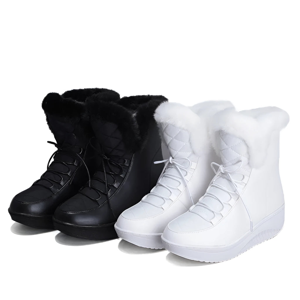 Women's black lace-up winter boots with a platform sole and plush lining.