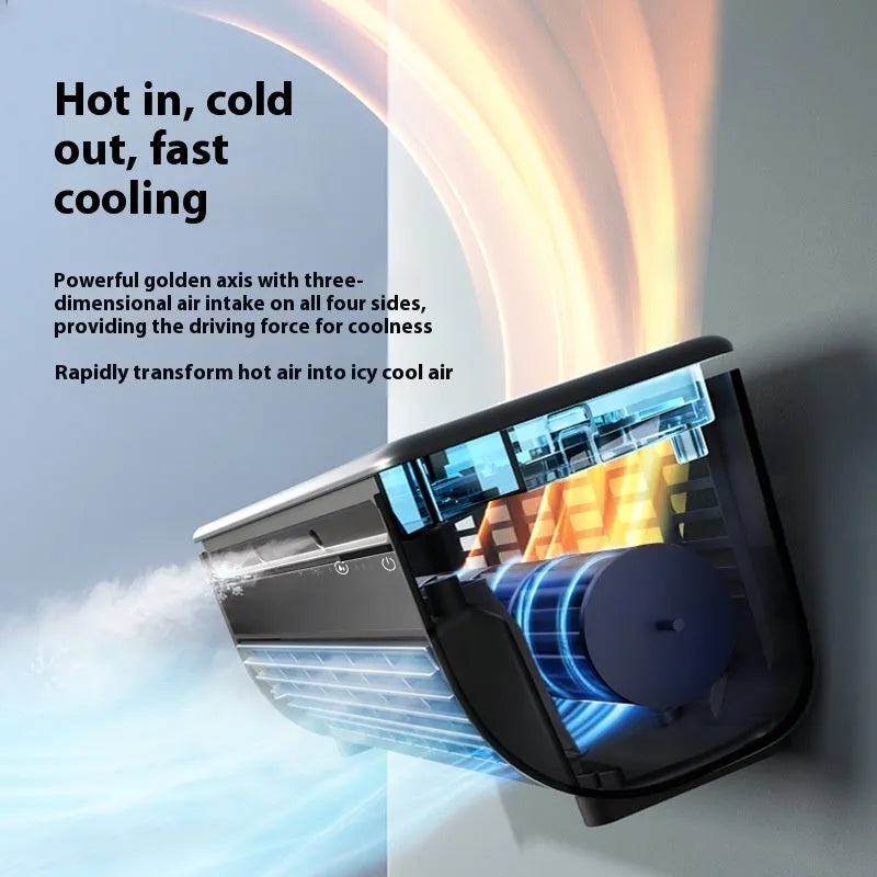 Grey rechargeable wall hanging fan with remote control and stand on a table