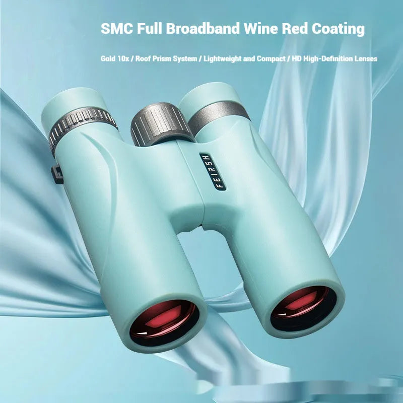 10x32 blue binoculars with wine red lenses showing 112mm height measurement