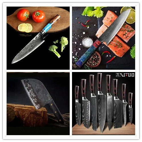 Eight different kitchen knives including chef's knife, bread knife, Japanese style knives, and fruit peel knife