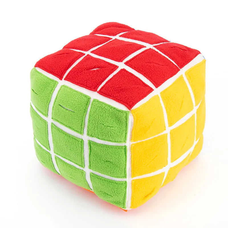 Pet Rubik's Cube sniffing toy in polar fleece fabric with treats visible, 15cm cube on a light background
