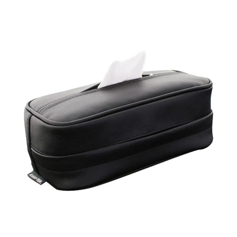 Black PU leather car hanging organiser bag with paper insert for storing documents.
