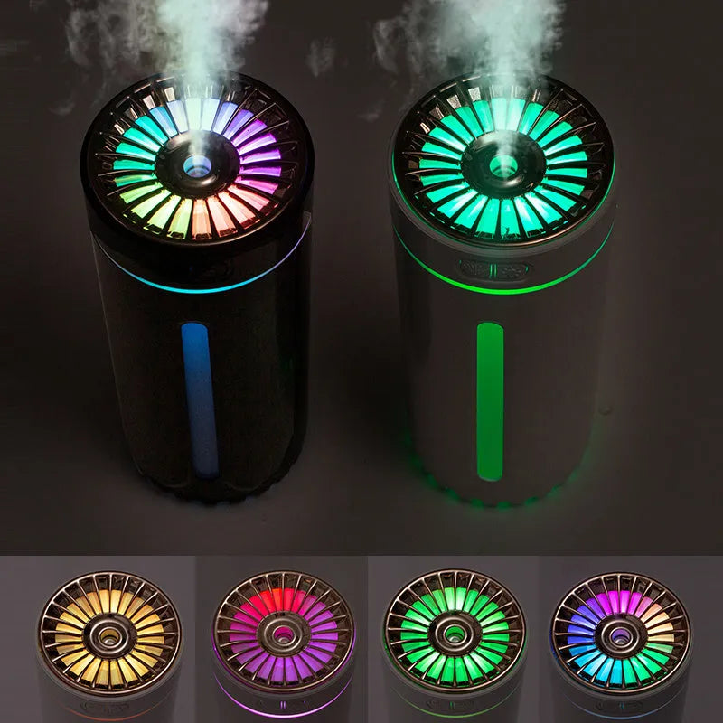 Wireless air humidifier with colourful lights on a car cup holder, 800mAh rechargeable cool mist maker