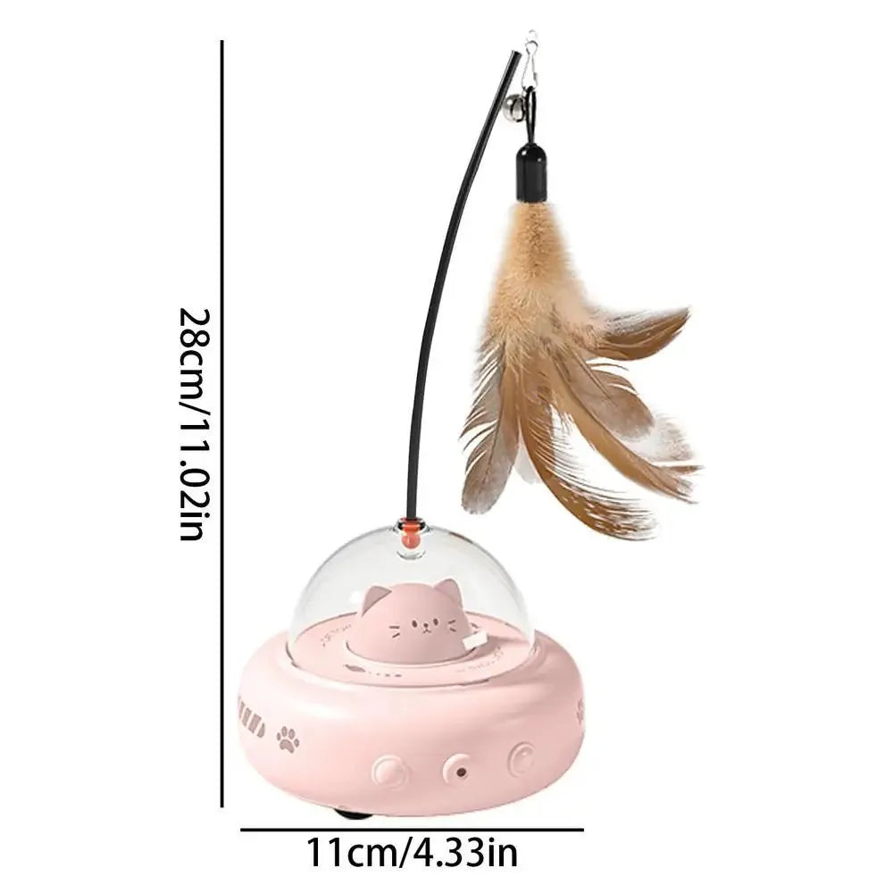 Electric interactive cat toy with feather teaser, 360 red light beam, ABS body and TPR wheels, in pink colour