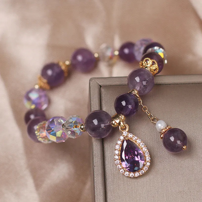 Purple natural amethyst crystal bracelet for women with micro inlay detailing.