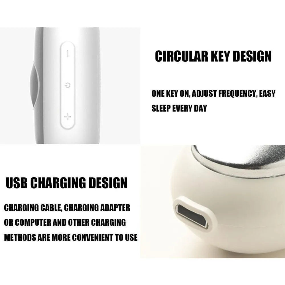 Handheld micro-current sleep aid device in grey, green, or orange colours with USB charging cable