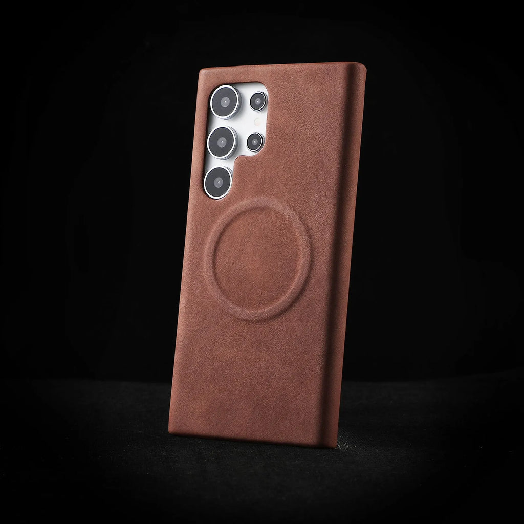 Frosted PU leather pattern phone case for Samsung Galaxy S25 Ultra and Galaxy S25, shown in black, brown, chocolate, gray, and white.