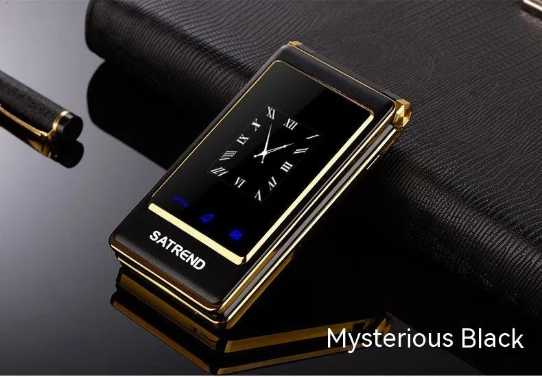 Dual screen flip phone for elderly users showing internal touch screen and external display