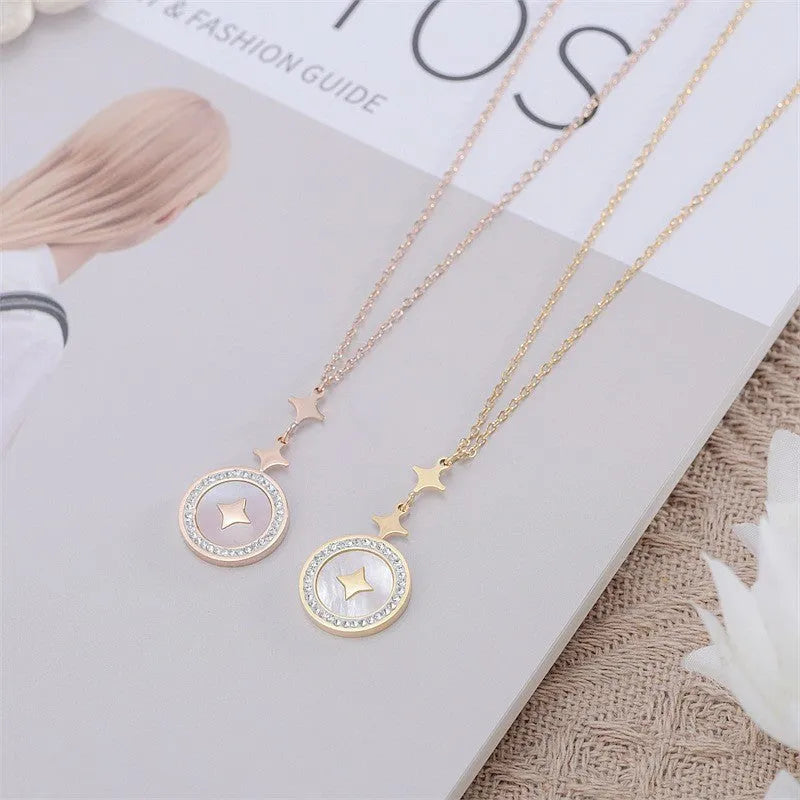Women's titanium steel necklace with six-pointed star geometric pendant on O-ring chain