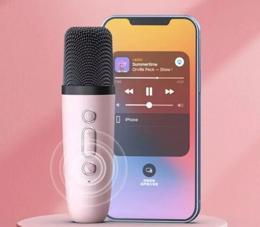 Portable coloured lights karaoke microphone and Bluetooth speaker in pink, sky blue, or white.