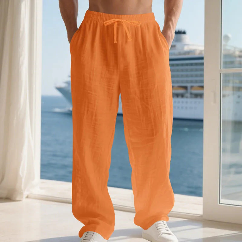 Men's linen solid colour loose wide leg drawstring trousers in orange, pink, fruit green, brown, denim blue, light gray, watermelon red, purplish red