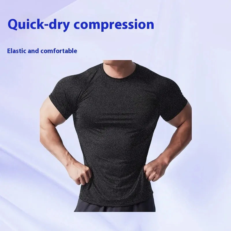 Man wearing a green quick-dry stretch polyester short sleeve t-shirt.