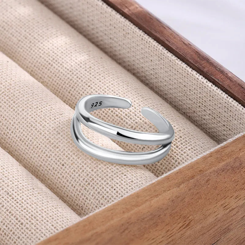 Women's double layer hollow geometry ring in retro electroplated copper with adjustable opening