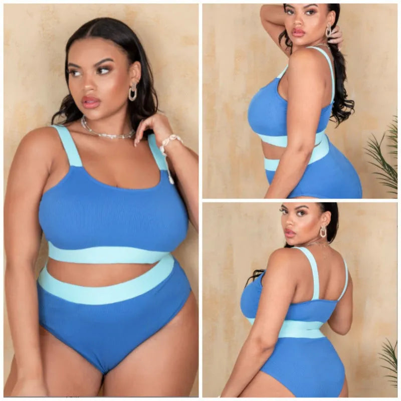 Women's solid colour high waist bikini set with brief cut and side split detail.