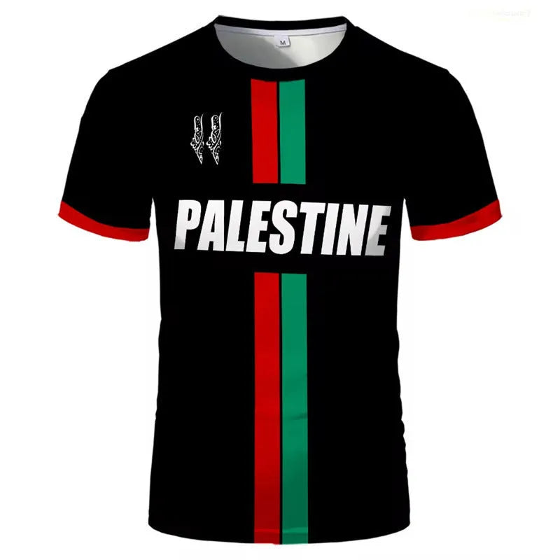 Black 3D printed graphic football t-shirt on a hanger, showing the textured design and short sleeves.