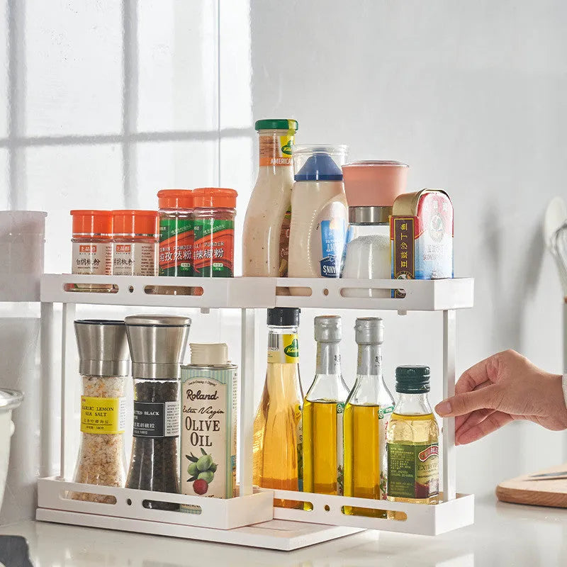 Plastic pull-out spice rack with double layer in milk white for under sink kitchen cabinet storage