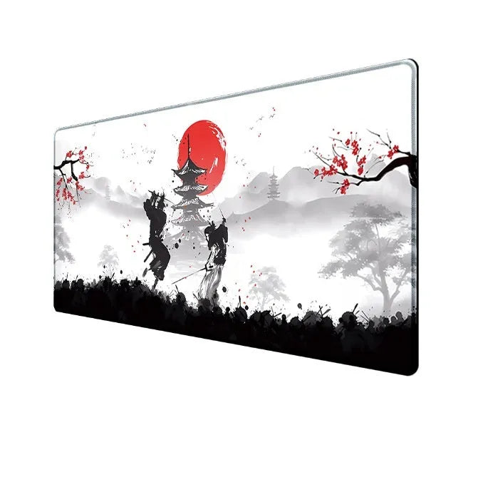 Japanese samurai pattern gaming mouse pad on desk with computer mouse