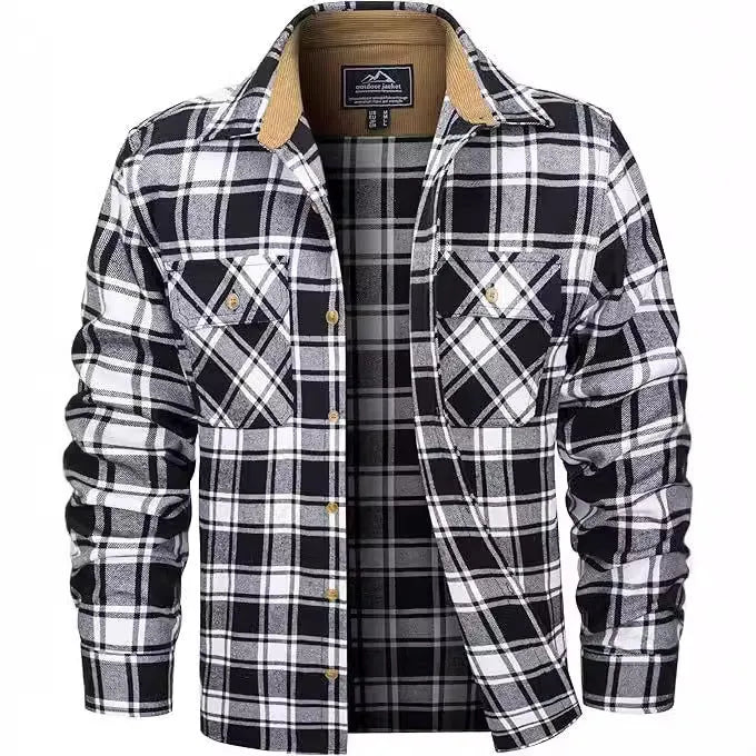 Men's polyester flannel button shirt with plaid pattern in multiple colour options