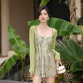 Women's pink and green floral one-piece swimsuit jumpsuit with suspender straps