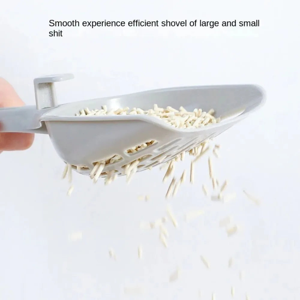 Grey plastic cat litter scoop with integrated base and fine mesh sifting tray