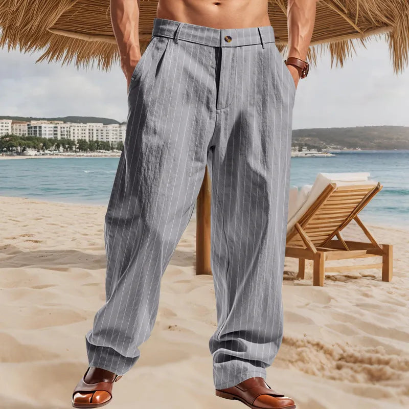 Men's linen striped trousers with straight loose fit, wide legs, and high waist in light blue colour