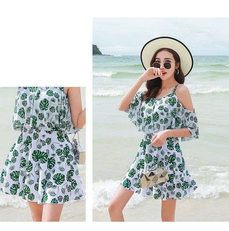 Women's personalised one-piece swimsuit in polyester with green leaf or black letter style print