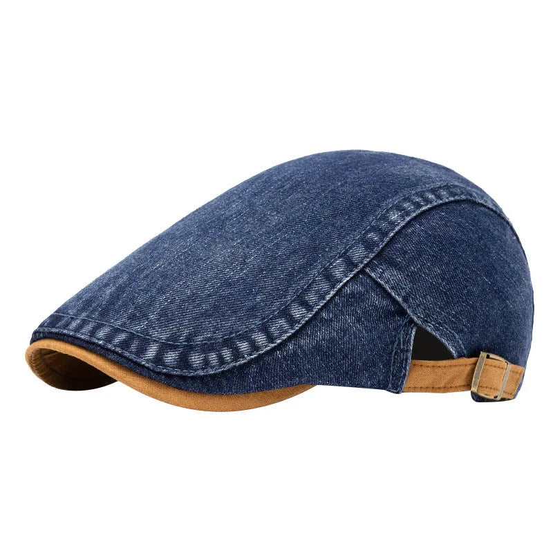 Men's washed-out denim contrast colour beret with flat top crown and adjustable cotton fit