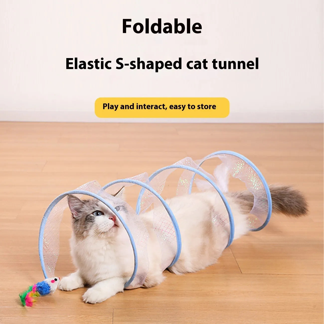 S-type collapsible cat tunnel toy with steel frame, elastic net, and feather attachments.