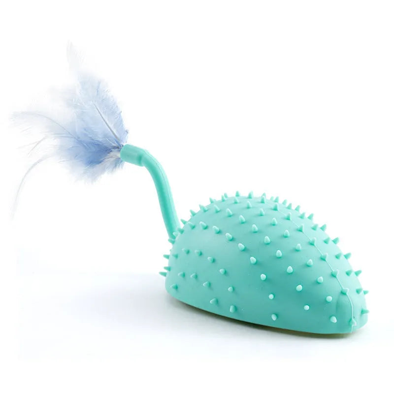 Remote control smart charging silicone mouse cat toy with feather attachment in cyan colour