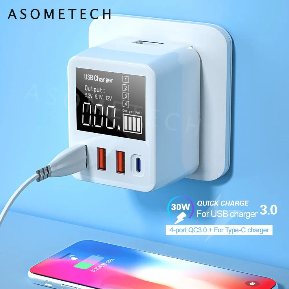 White travel charger with multiple USB ports and British plug for fast charging smartphones and tablets